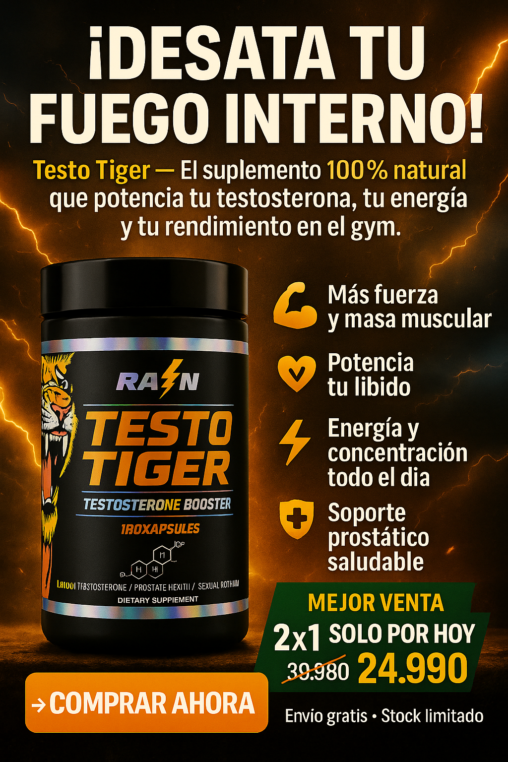 Tiger Elevador De Testosterona Premium (120 Caps) - OFERTA SÓLO HOY